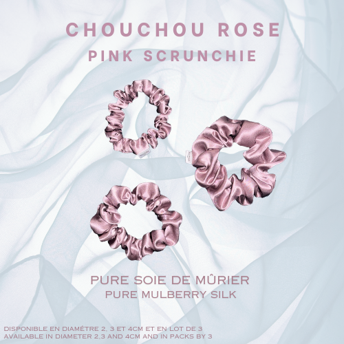 3 magnifiques chouchous en pure soie de murier couleur rose de diamètre 2, 3 et 4 cm